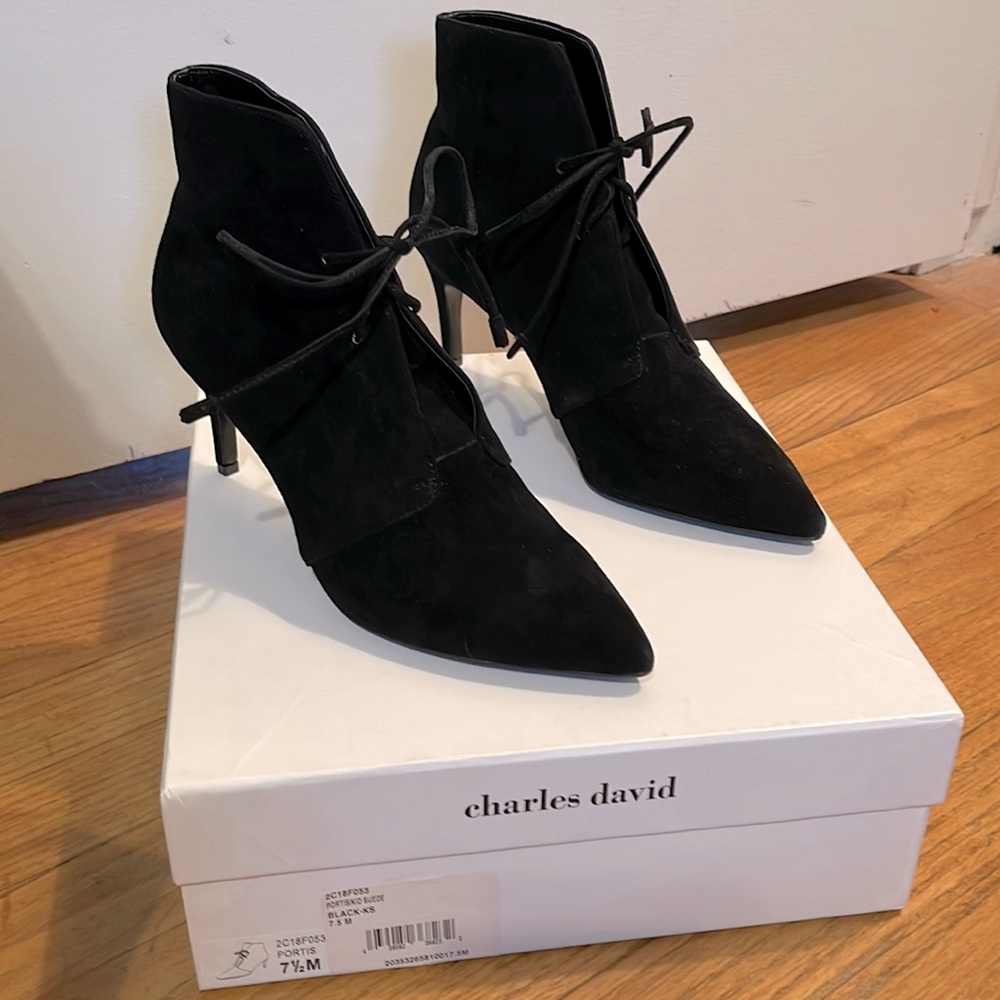 CHARLES DAVID BLACK SUEDE TIE BOOTIE